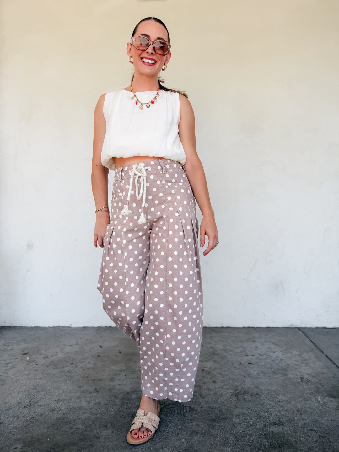 The Polka Dot Pleated Barrel Pants - Taupe