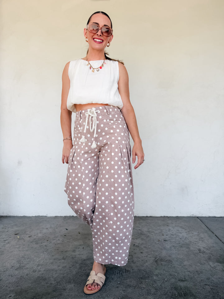 The Polka Dot Pleated Barrel Pants - Taupe