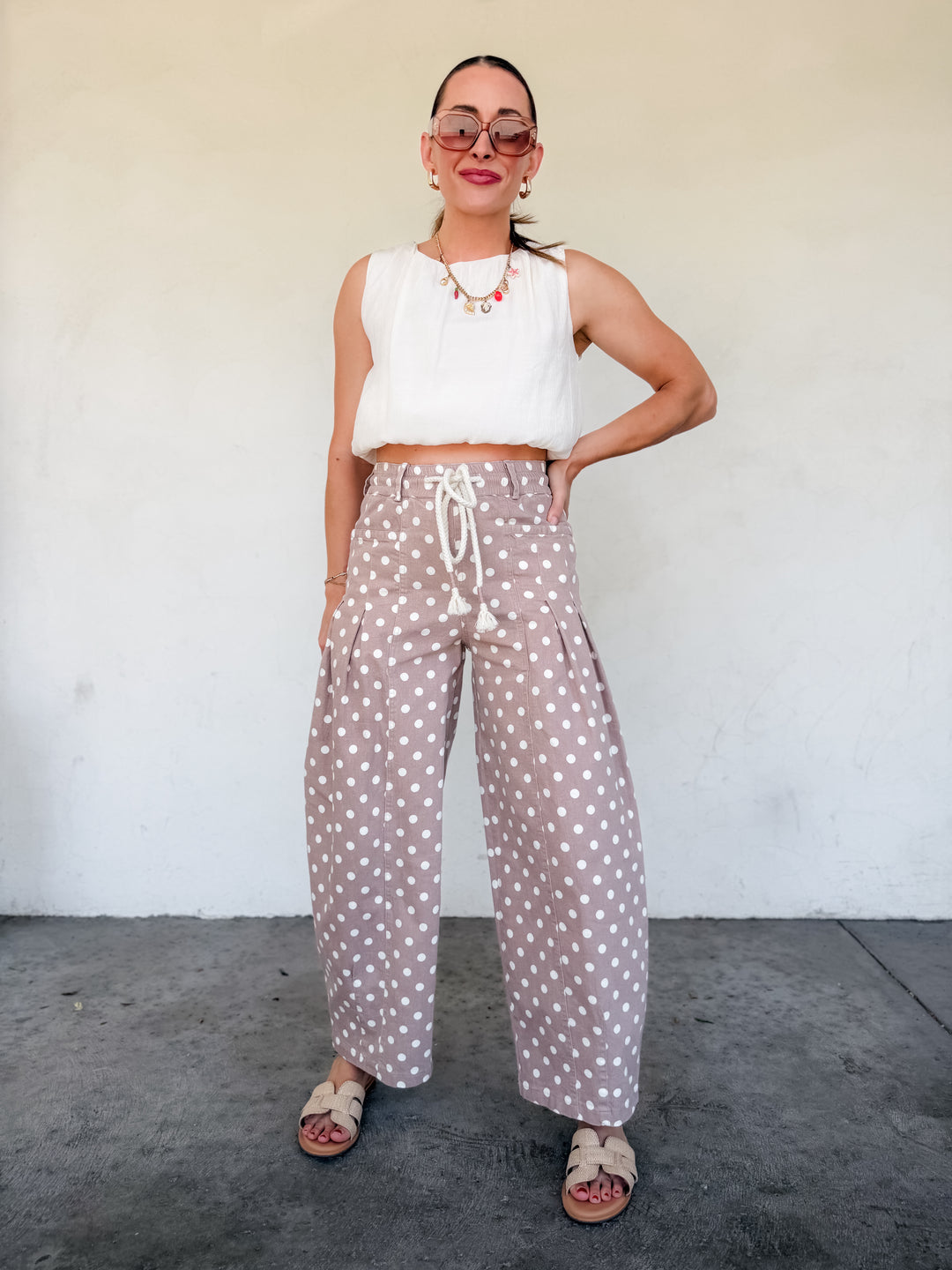 The Polka Dot Pleated Barrel Pants - Taupe