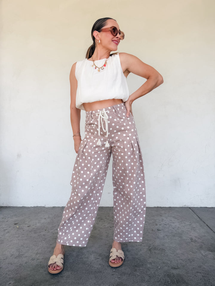 The Polka Dot Pleated Barrel Pants - Taupe