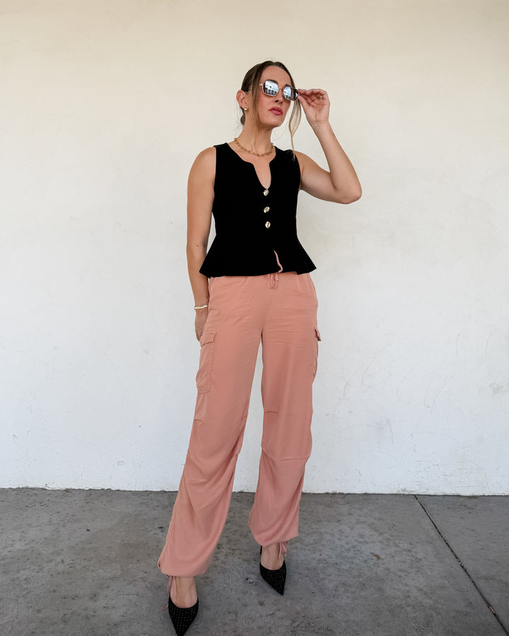 The Harlow Cargo Wide Leg Pants - Peach