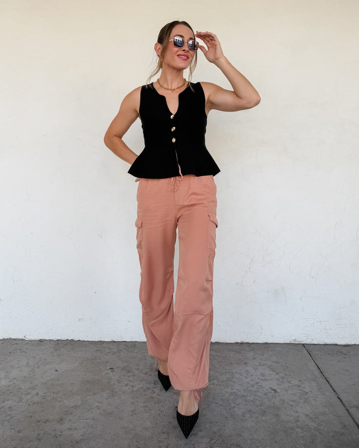 The Harlow Cargo Wide Leg Pants - Peach