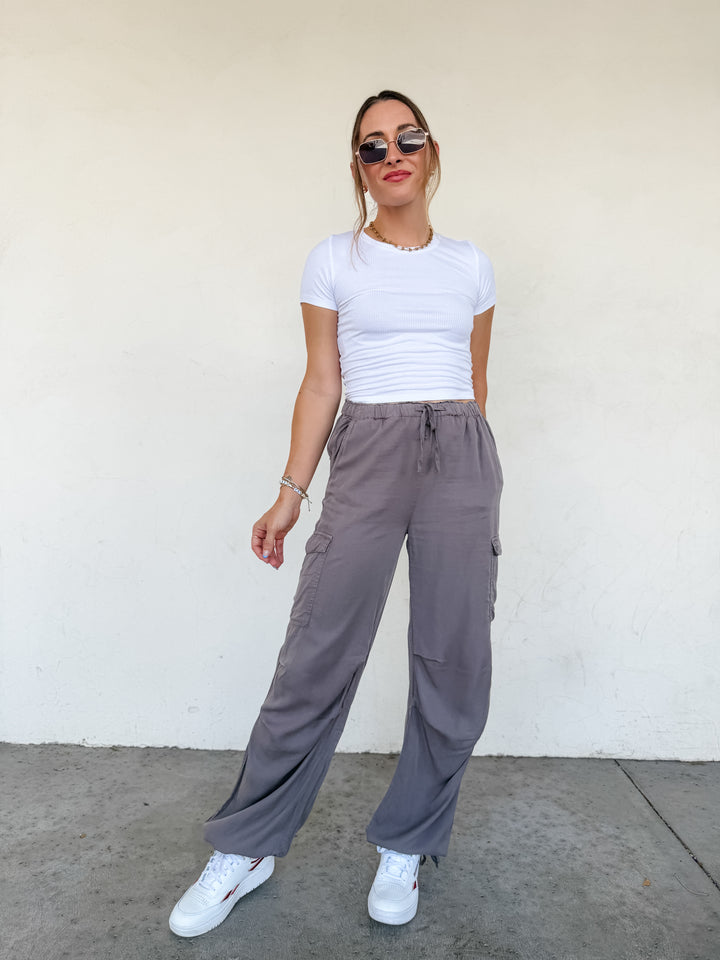 The Harlow Cargo Wide Leg Pants - Dark Gray