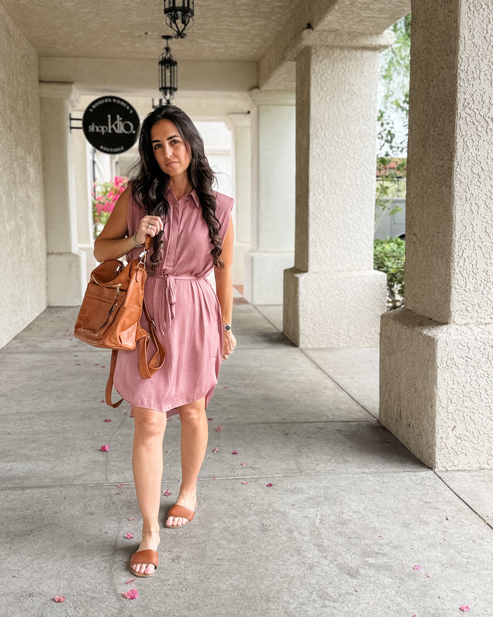 The Clara Sleeveless Shirt Dress - Mauve