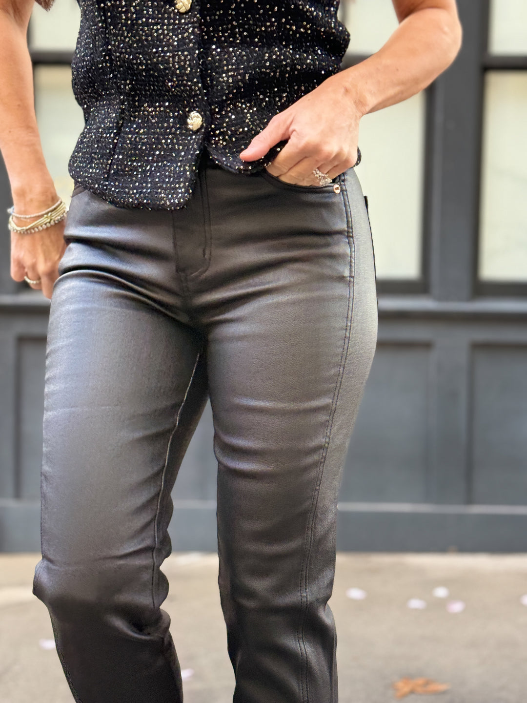 Downtown High Rise Split Slim in Black Coated by Daze Denim