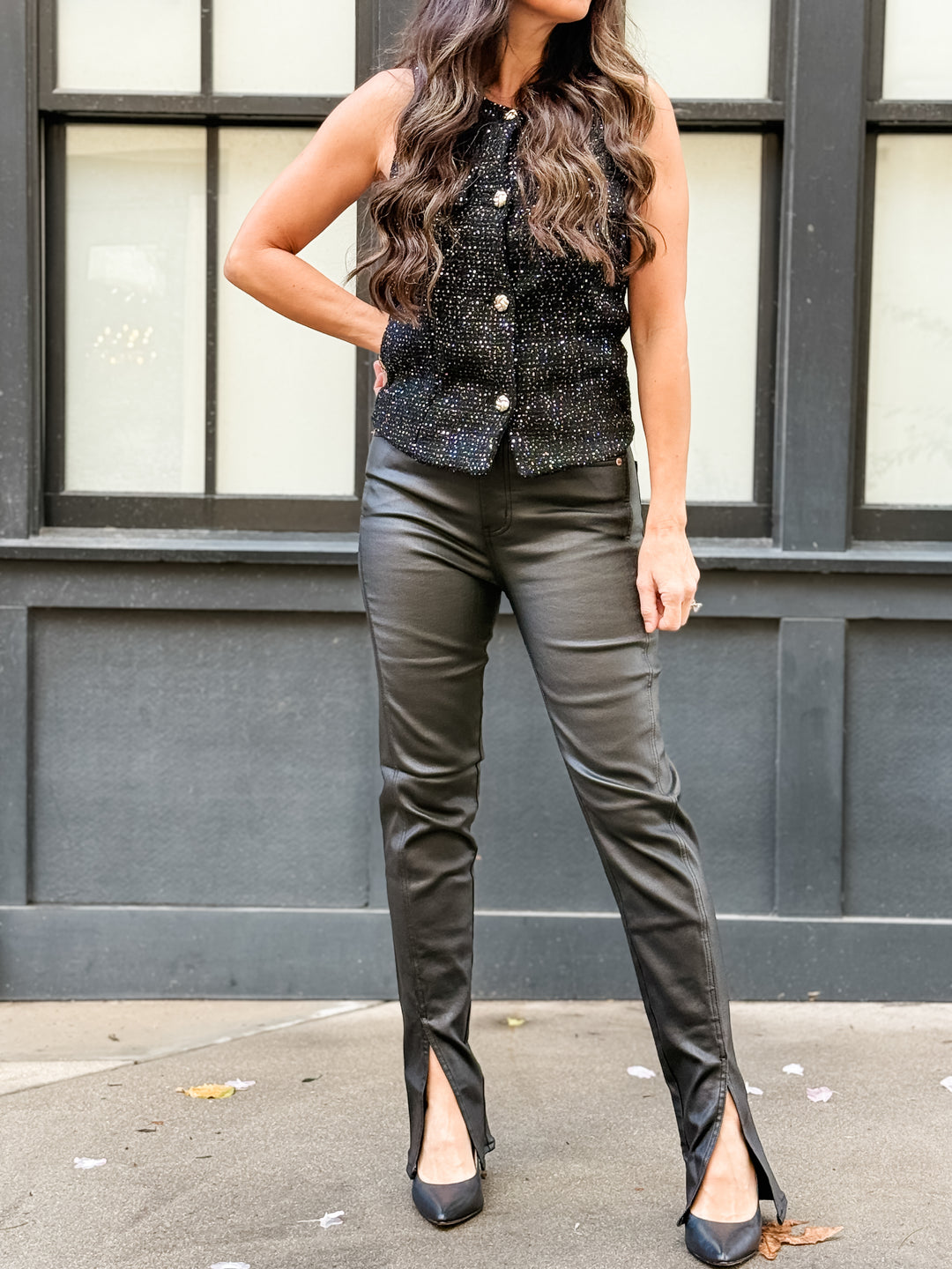 Downtown High Rise Split Slim in Black Coated by Daze Denim