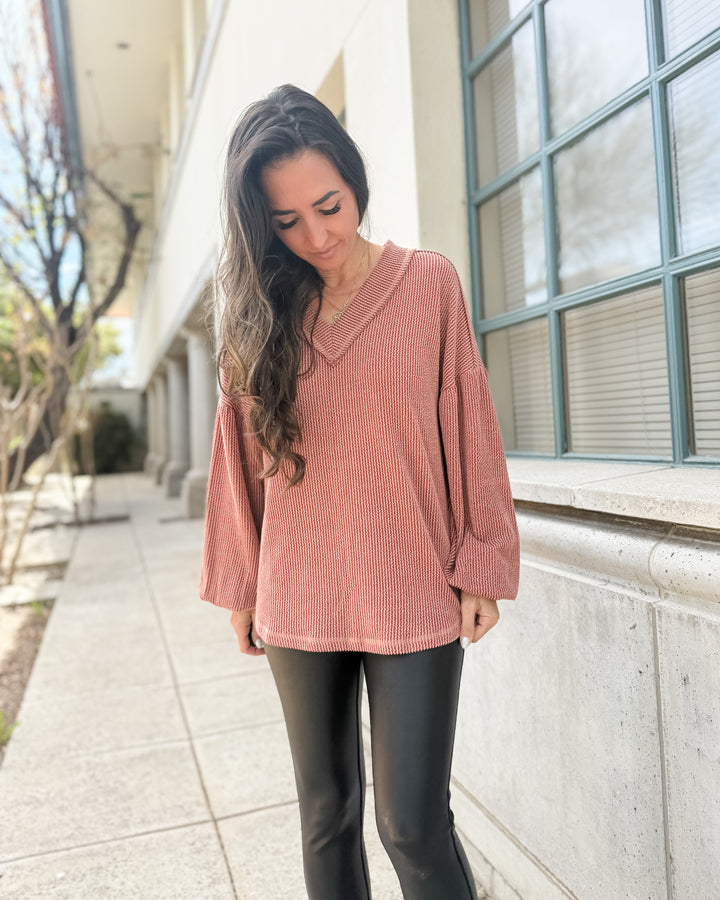 Two Tone Otto Ribbed V-Neck Oversized Knit Top