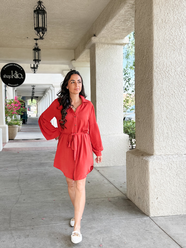 The Naomi Belted Button-Up Shirt Dress - Rust