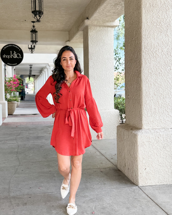 The Naomi Belted Button-Up Shirt Dress - Rust