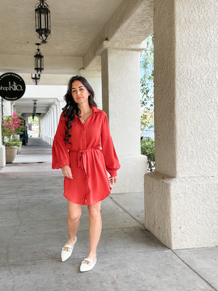 The Naomi Belted Button-Up Shirt Dress - Rust
