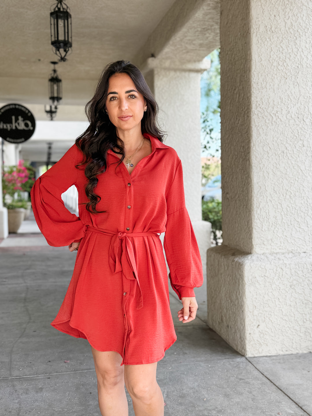 The Naomi Belted Button-Up Shirt Dress - Rust
