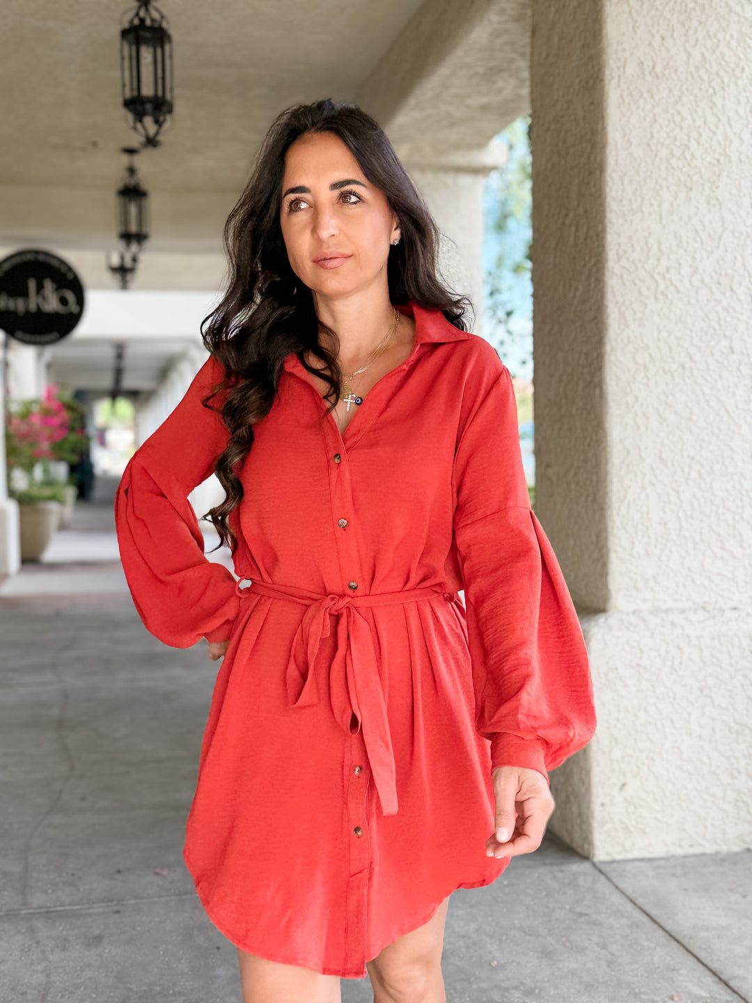 The Naomi Belted Button-Up Shirt Dress - Rust