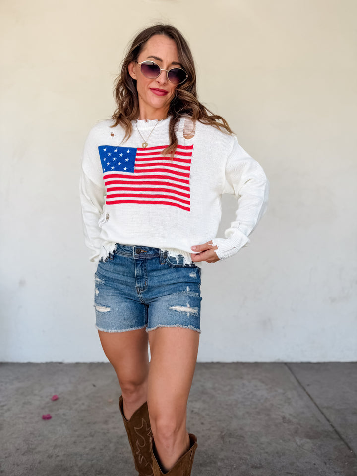 The Riley Mid Rise Thigh Denim Shorts by Eunina