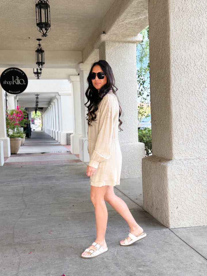 The Harper Long Sleeve Button-Up Romper - Beige