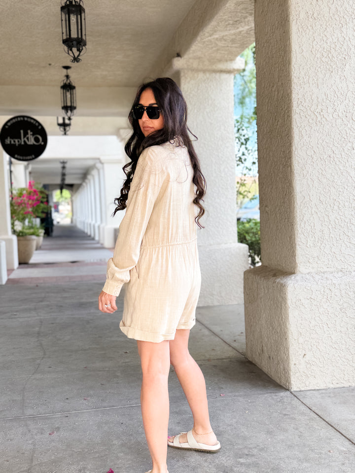 The Harper Long Sleeve Button-Up Romper - Beige