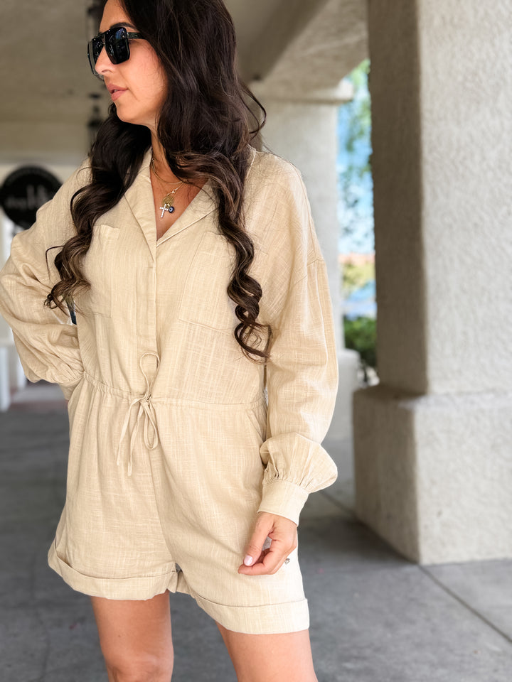 The Harper Long Sleeve Button-Up Romper - Beige