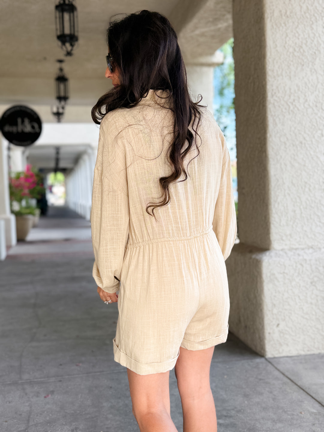 The Harper Long Sleeve Button-Up Romper - Beige