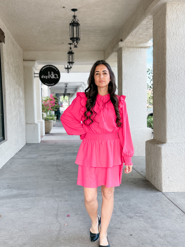 The Vivienne Ruffle Shoulder Tiered Midi Dress - Fuschia
