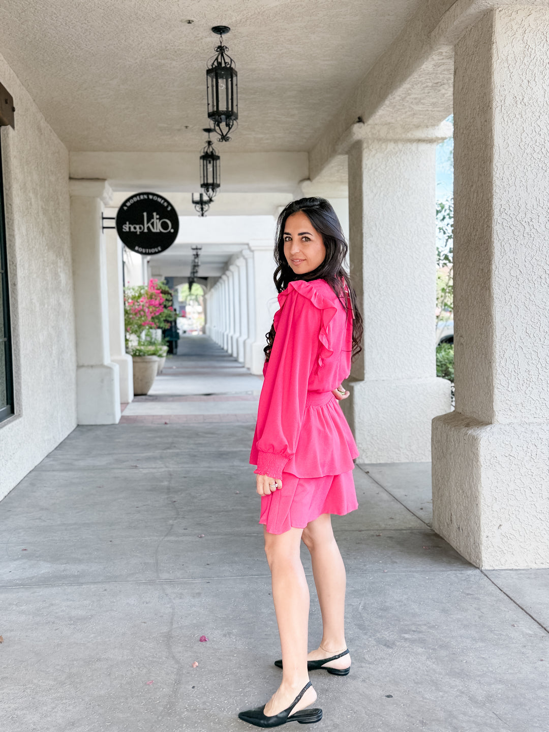 The Vivienne Ruffle Shoulder Tiered Midi Dress - Fuschia