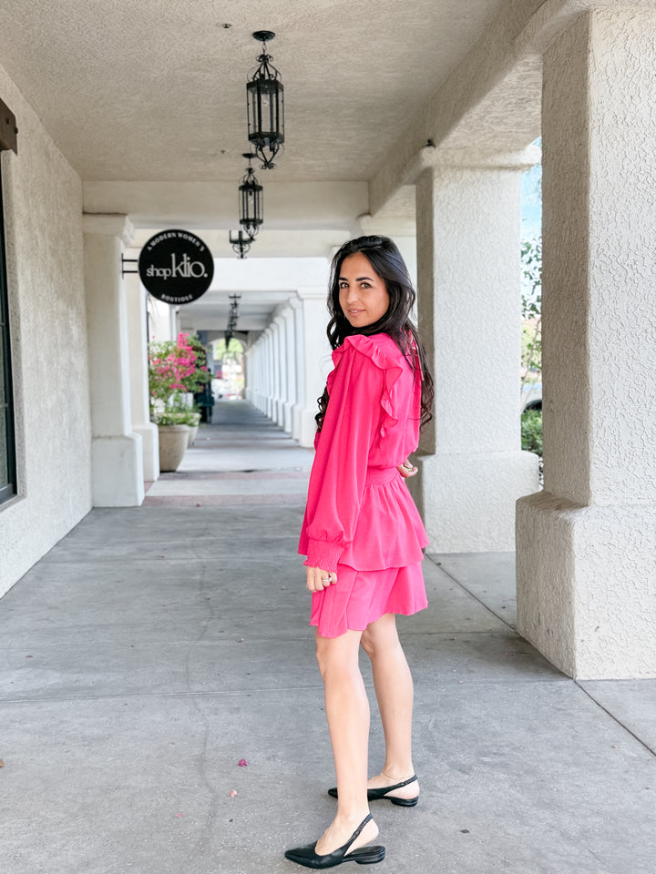 The Vivienne Ruffle Shoulder Tiered Midi Dress - Fuschia