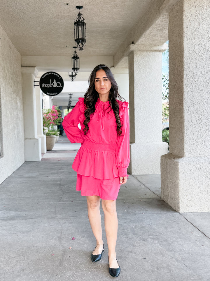 The Vivienne Ruffle Shoulder Tiered Midi Dress - Fuschia