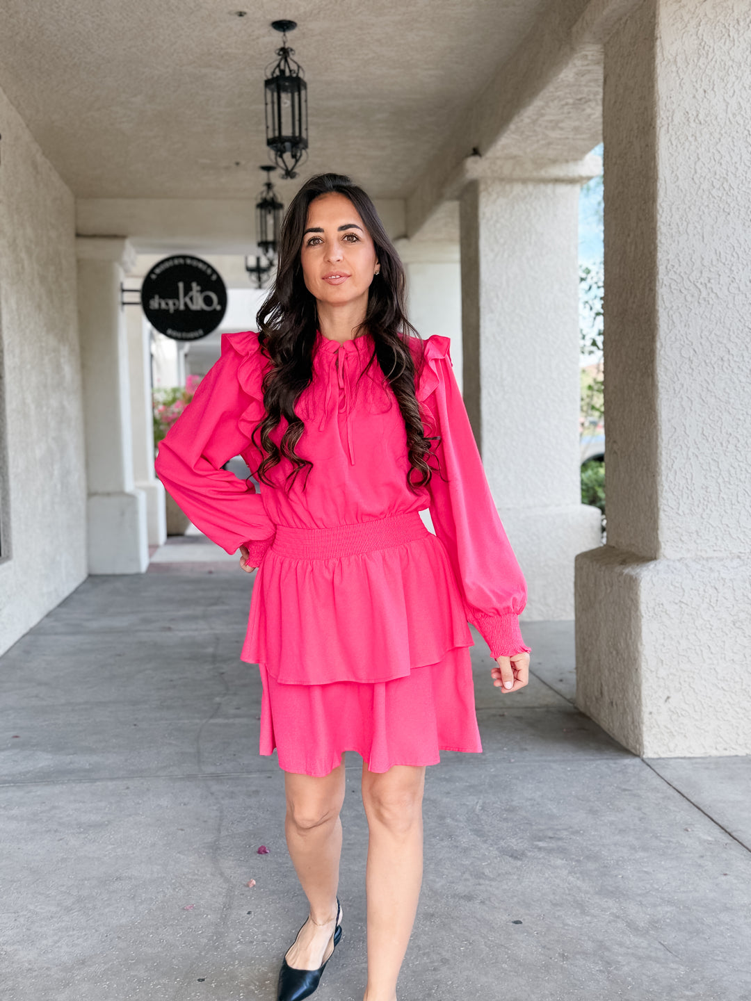 The Vivienne Ruffle Shoulder Tiered Midi Dress - Fuschia