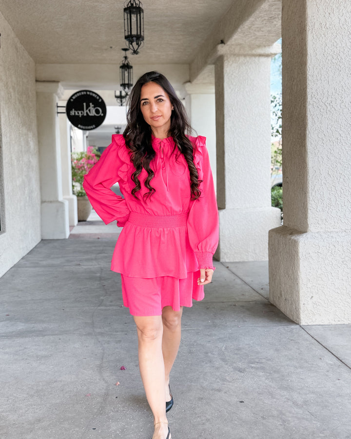 The Vivienne Ruffle Shoulder Tiered Midi Dress - Fuschia