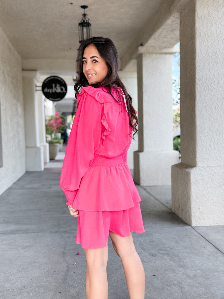 The Vivienne Ruffle Shoulder Tiered Midi Dress - Fuschia