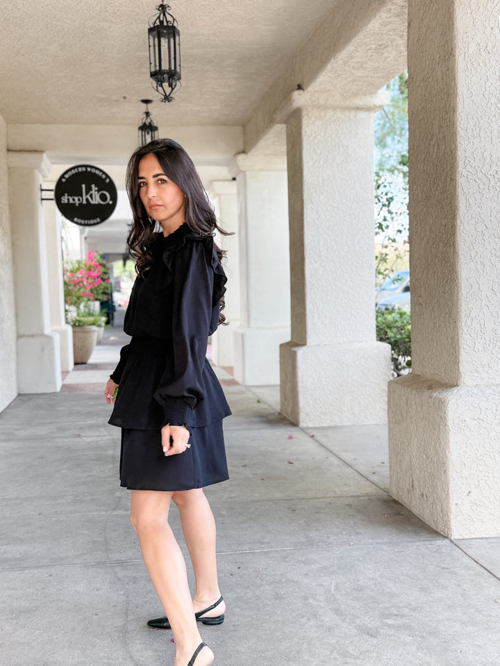 The Vivienne Ruffle Shoulder Tiered Midi Dress - Black