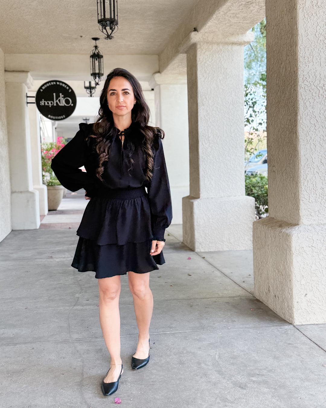 Black Ruffle Shoulder Tiered Midi Dress | Shop Klio Black Ruffle Shoulder Tiered Midi Dress | Shop Klio