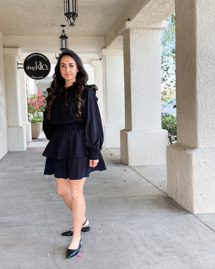 The Vivienne Ruffle Shoulder Tiered Midi Dress - Black