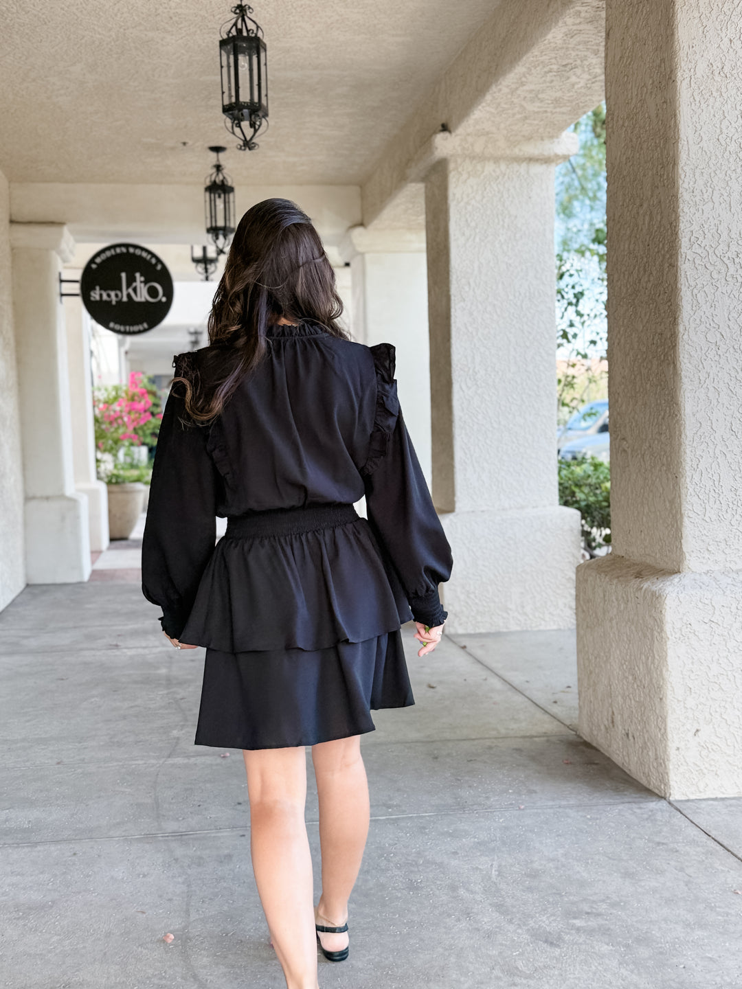 The Vivienne Ruffle Shoulder Tiered Midi Dress - Black