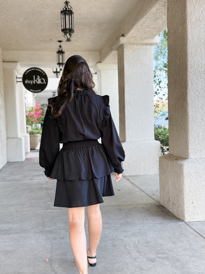 The Vivienne Ruffle Shoulder Tiered Midi Dress - Black