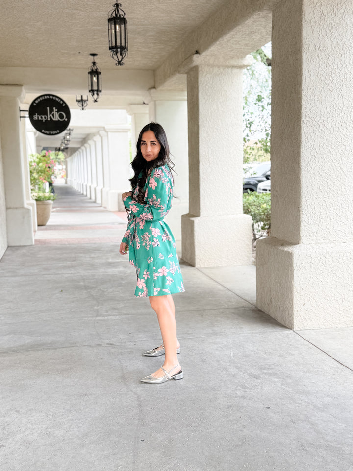 The Celeste Floral Tie-Neck Belted Mini Dress - Green