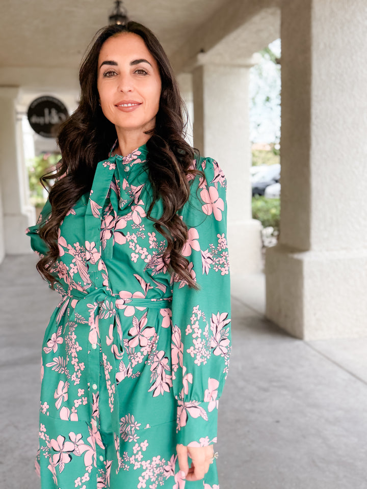 The Celeste Floral Tie-Neck Belted Mini Dress - Green