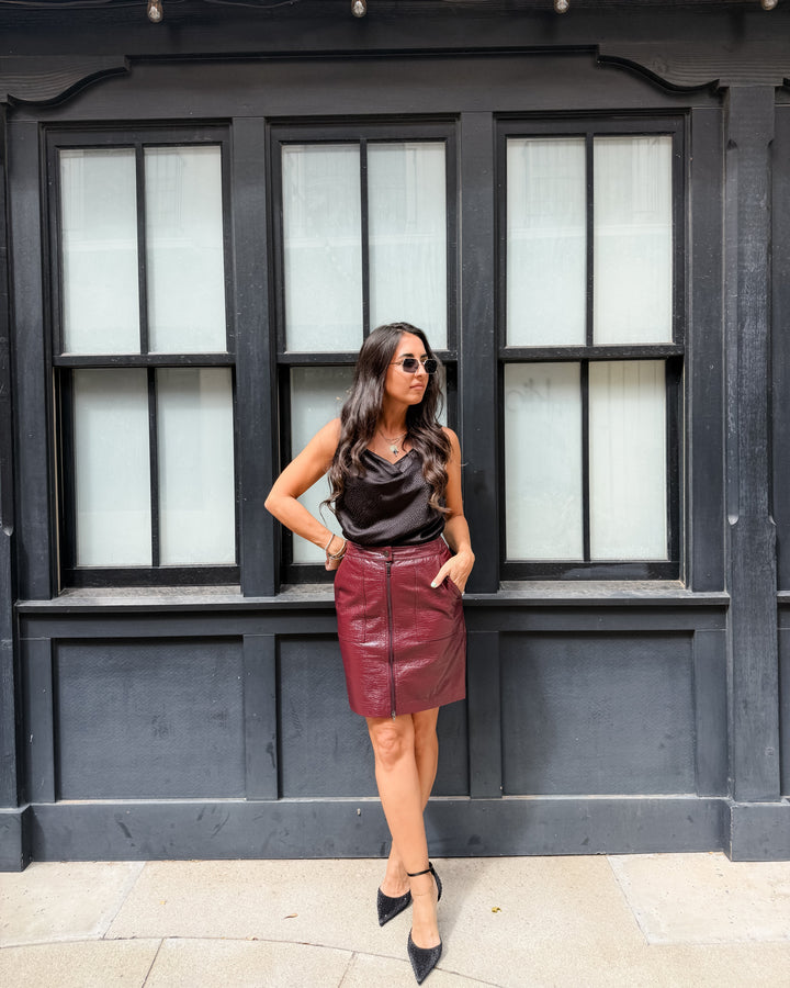 The Parker Faux Butter Leather Pocket Skirt - Burgundy