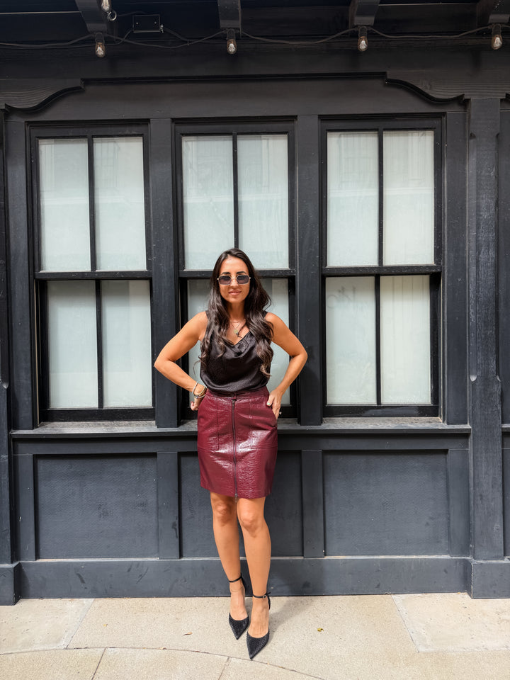 The Parker Faux Butter Leather Pocket Skirt - Burgundy