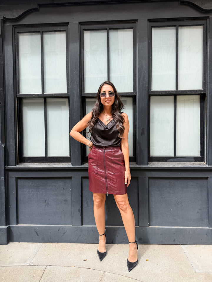 The Parker Faux Butter Leather Pocket Skirt - Burgundy