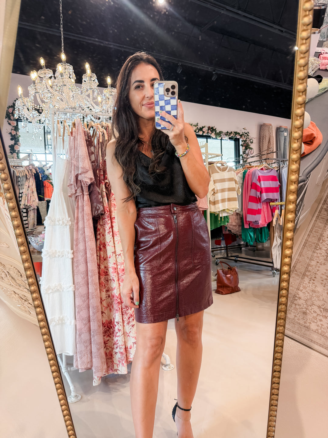 The Parker Faux Butter Leather Pocket Skirt - Burgundy