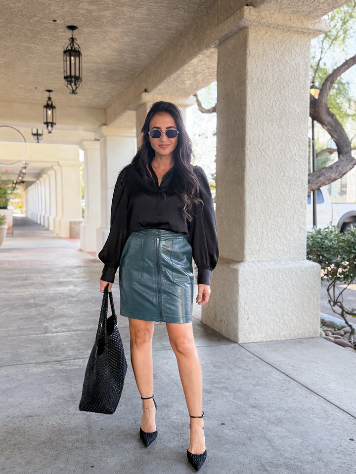 The Parker Faux Butter Leather Pocket Skirt - Teal Blue