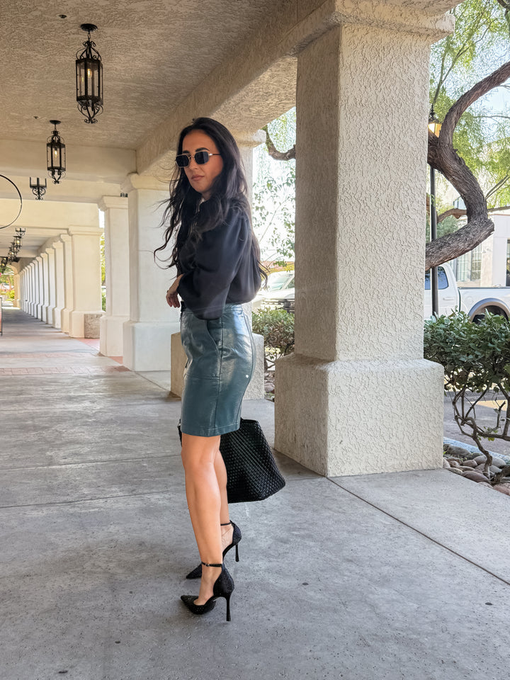 The Parker Faux Butter Leather Pocket Skirt - Teal Blue