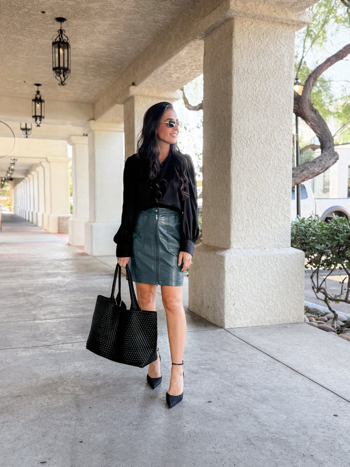 The Parker Faux Butter Leather Pocket Skirt - Teal Blue