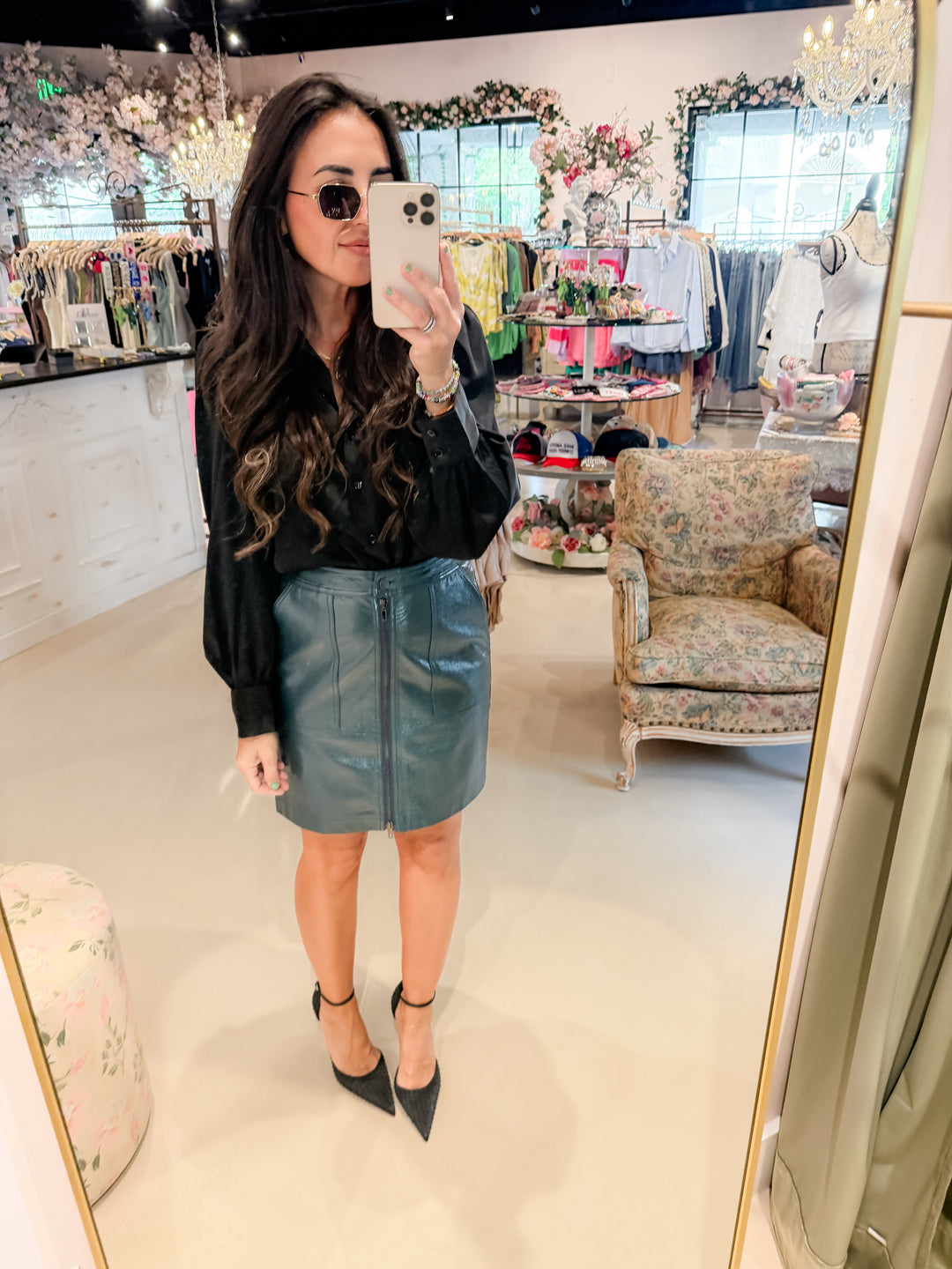 The Parker Faux Butter Leather Pocket Skirt - Teal Blue