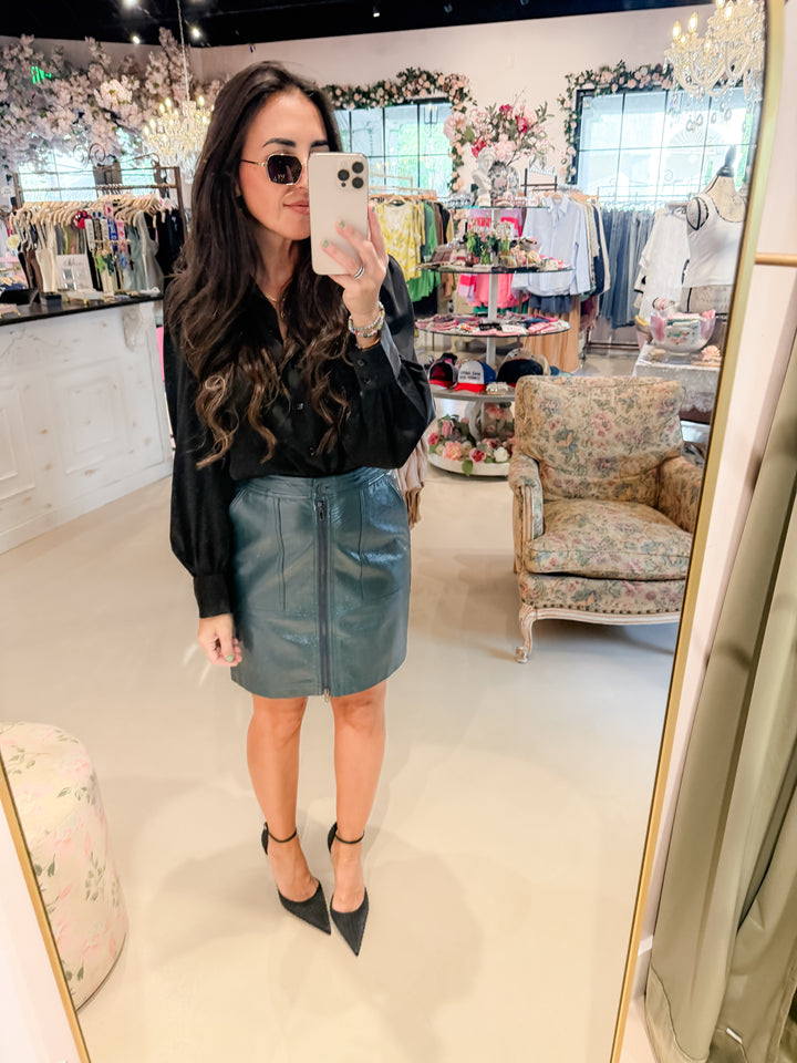 The Parker Faux Butter Leather Pocket Skirt - Teal Blue