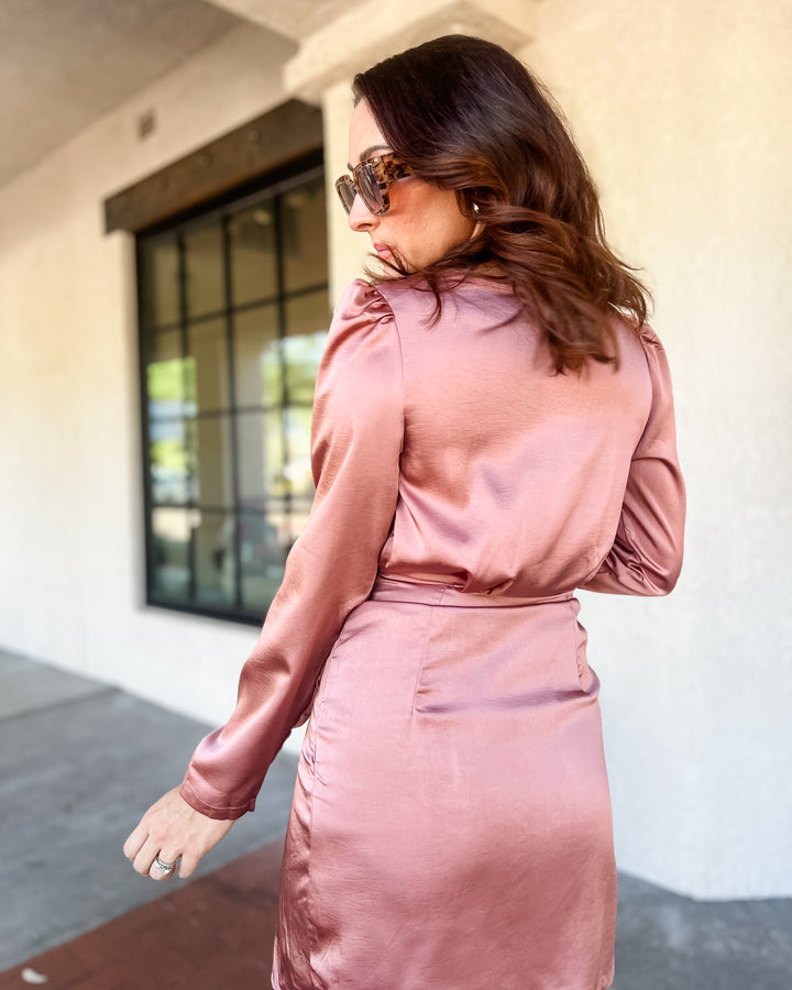 Rose Satin Wrap Dress