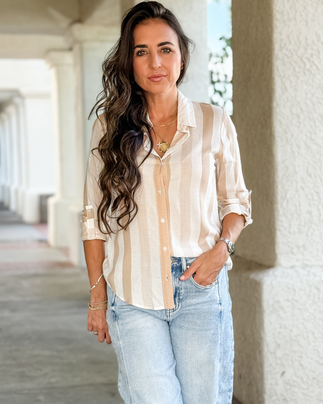 The Jamie Striped Top - Taupe