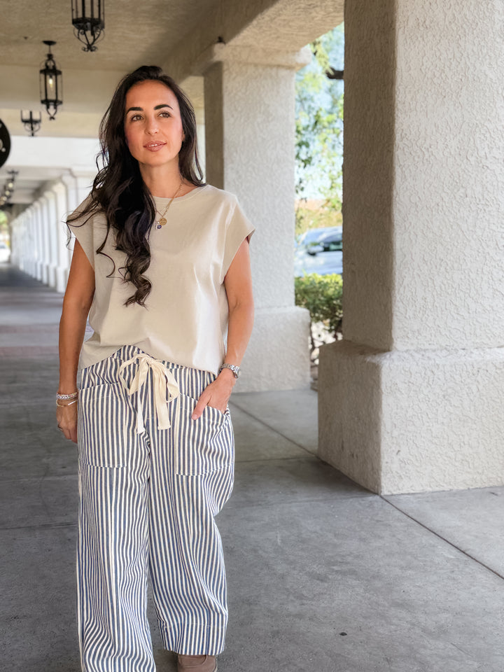 The Savannah Striped Wide Leg Pants - Navy