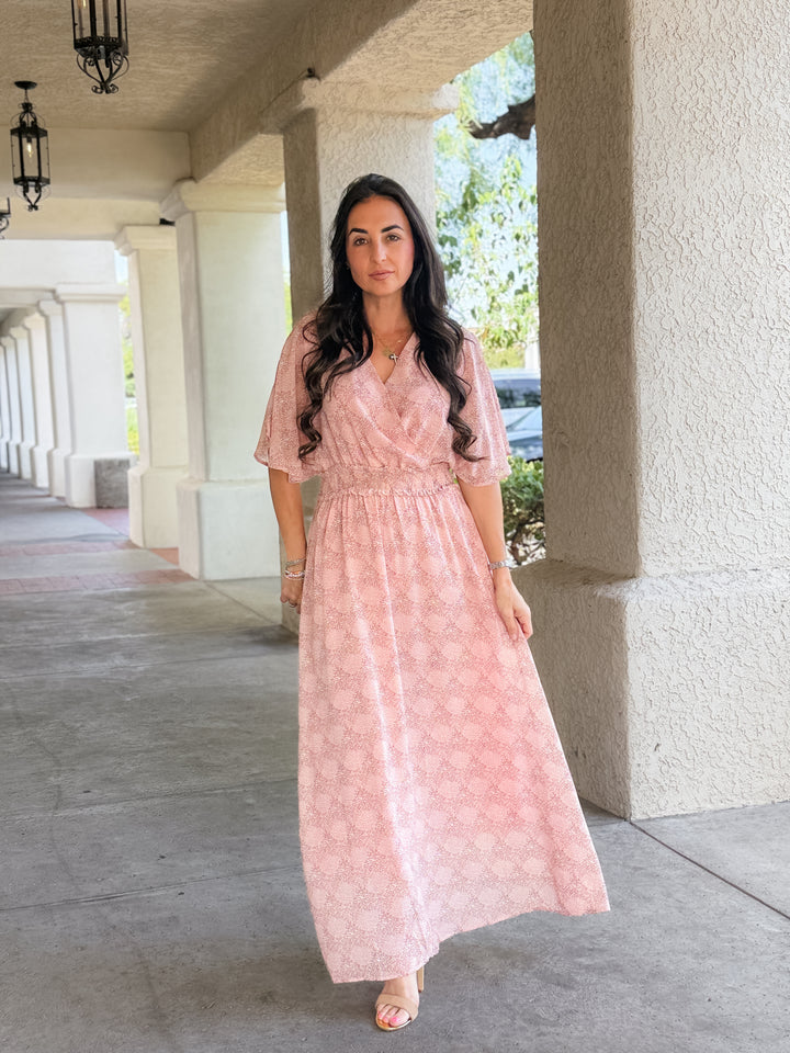 The Celeste Floral Flutter Sleeve Smocked Maxi Dress - Mauve