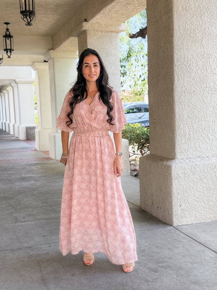 The Celeste Floral Flutter Sleeve Smocked Maxi Dress - Mauve