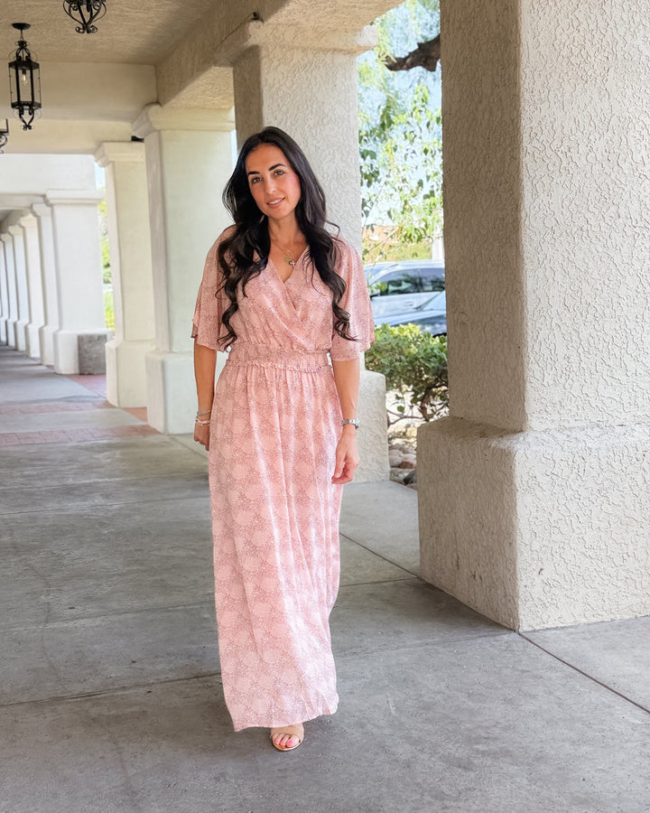 The Celeste Floral Flutter Sleeve Smocked Maxi Dress - Mauve